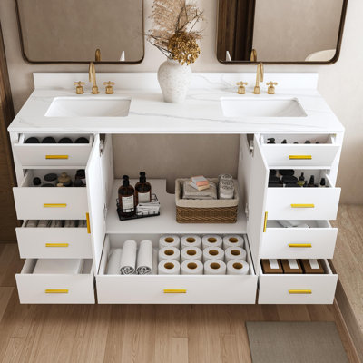 Meuble-lavabo de salle de bain avec comptoir en quartz et portes à fermeture amortie