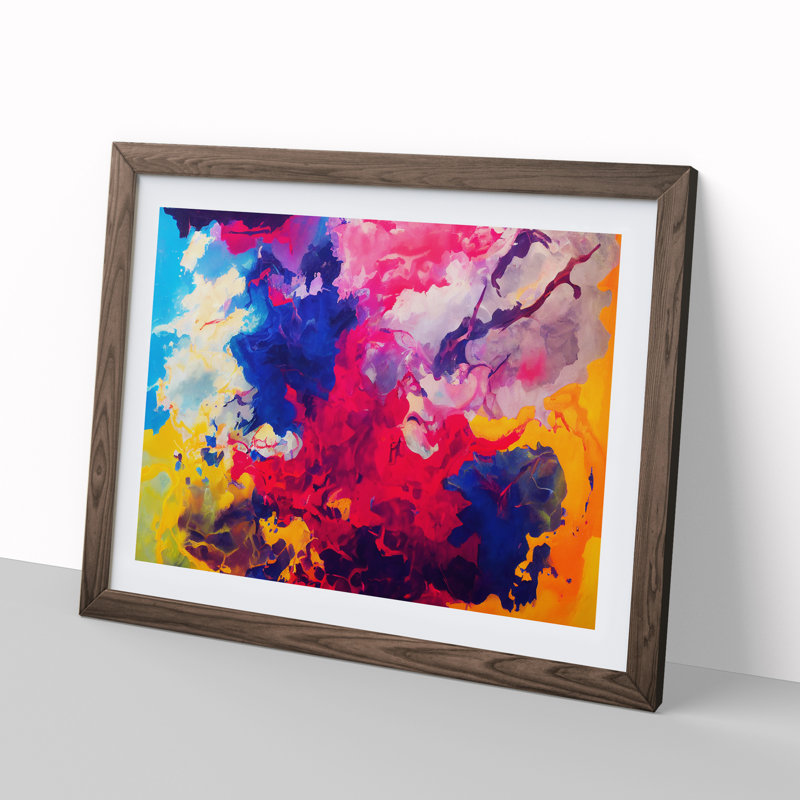 Colourful Ink Art Abstract - Print, Walnut Framed, 46cm H x 64cm W x 2cm D