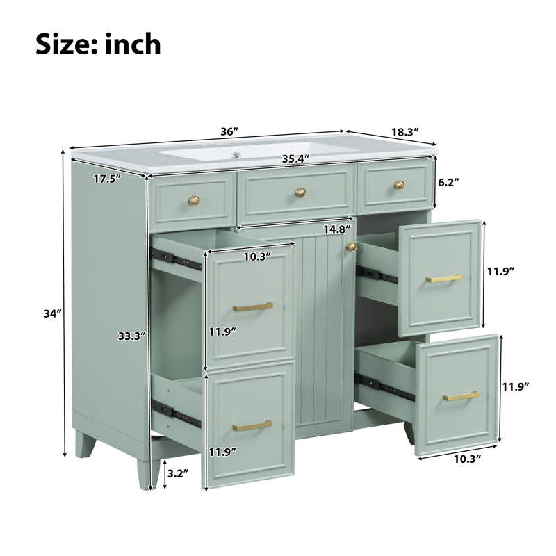 36"L x 18"W Free Standing Bathroom Vanity with Resin Top, Green, Gold