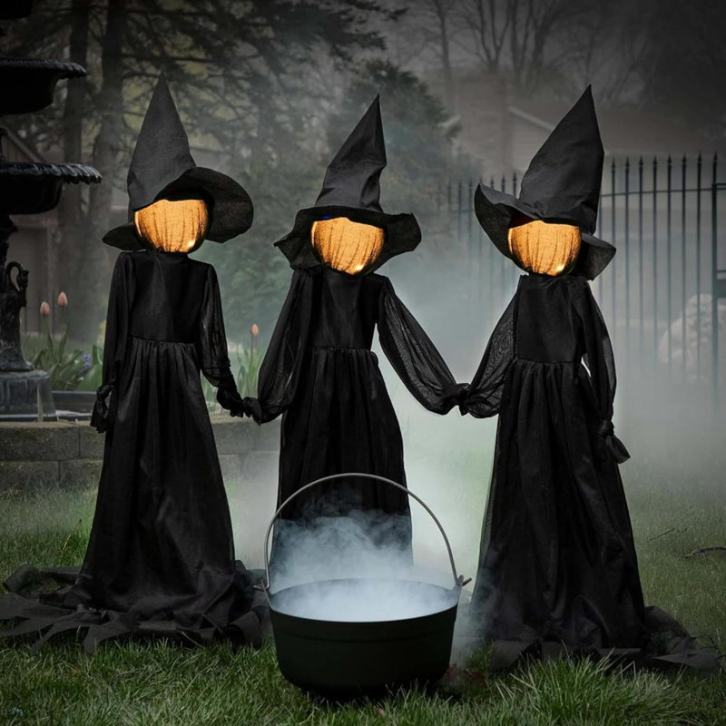 Décorations d'Halloween, ensemble de 3 sorcières lumineuses se tenant la main, sorcières avec piquets