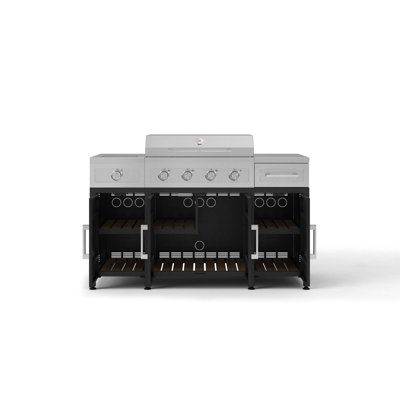 Ensemble de 6 armoires modulaires en aluminium noir de la série Essential pour cuisine extérieure, avec barbecue à gaz intégré au propane liquide de 30 pouces et brûleur latéral.