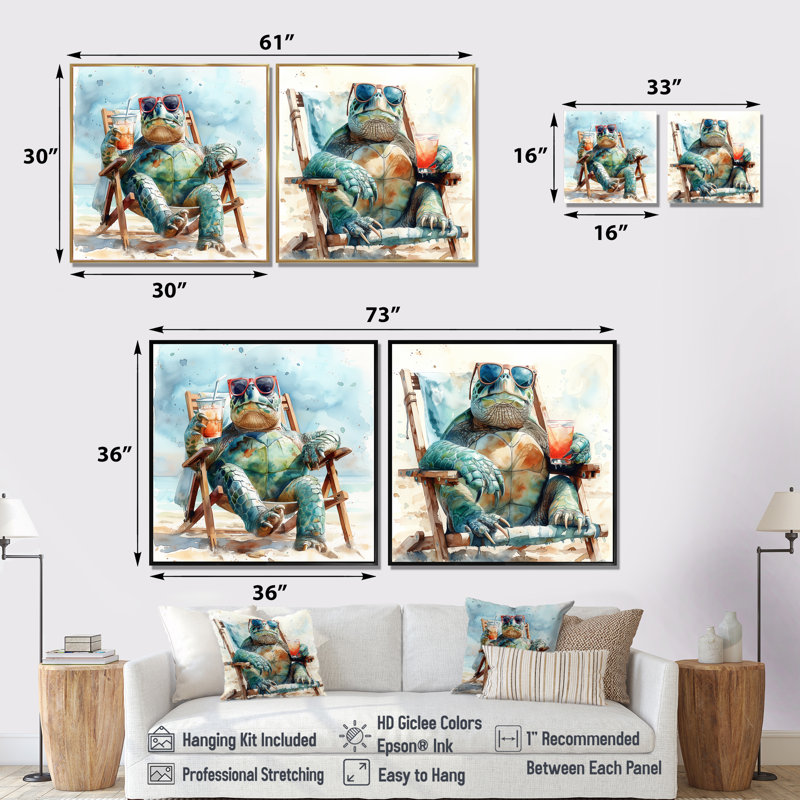 «Turtle Beach Day In The Sun I» - art mural animaux côtiers - art mural nautique sur toile 2 pièces, 36" H x 73" W, White