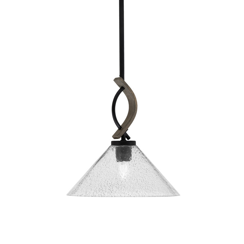 Mini-luminaire suspendu avec tige Hallmann illustré en verre, H 12,75 po x l 12 po x P 12 po, Noir mat / bois patiné peint