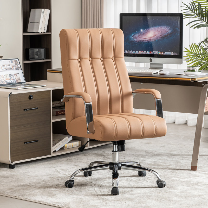Ergonomic Tufted Faux Leather Executive Office Chair with High Back, Silver, Brown