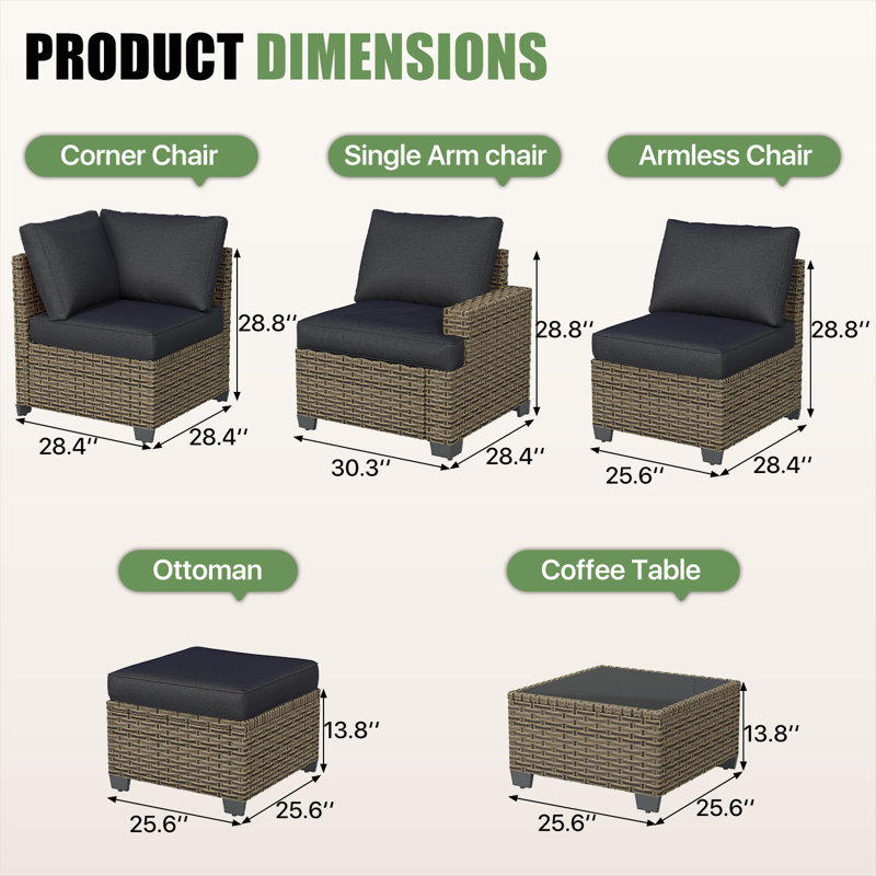 Ensemble de conversation modulaire de patio 9 pièces en résine tressée spéciale PE avec coussins de 10 cm et table basse
