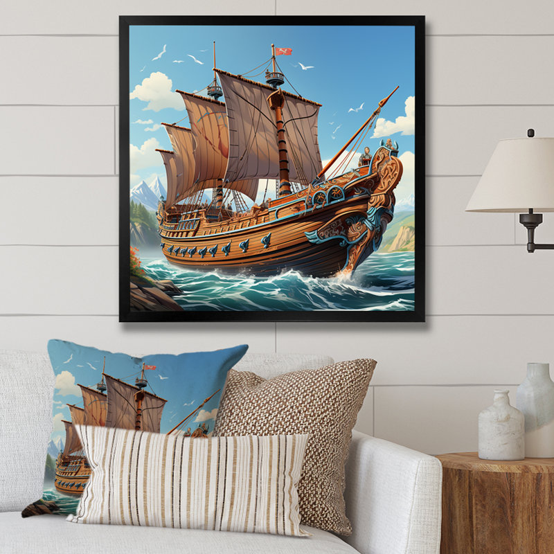 Bateau, voyage viking - Art mural classique, Cadre simple noir, H 30 po x l 30 po x P 1,5 po