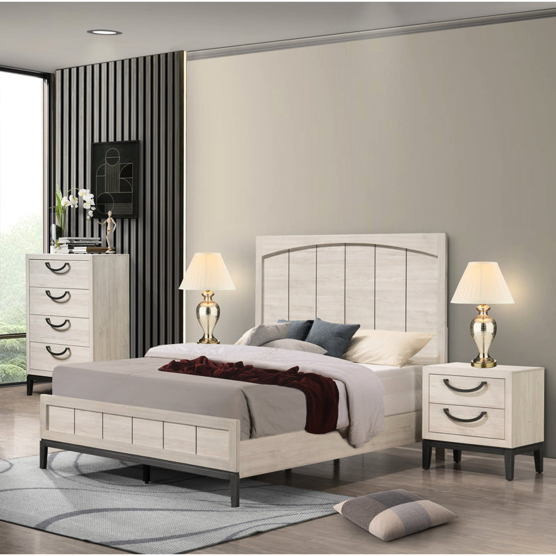 Lit à panneaux grand lit moderne en beige / blanc - meubles de chambre à coucher en bois avec tête de lit