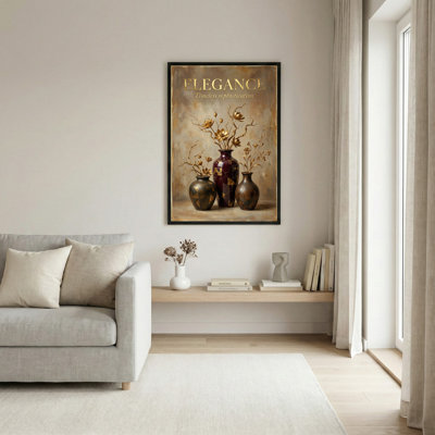 Tableau élégant sur toile tendue, orné de vases floraux, avec des accents dorés et un style vintage, idéal pour la décoration du salon ou de la chambre.