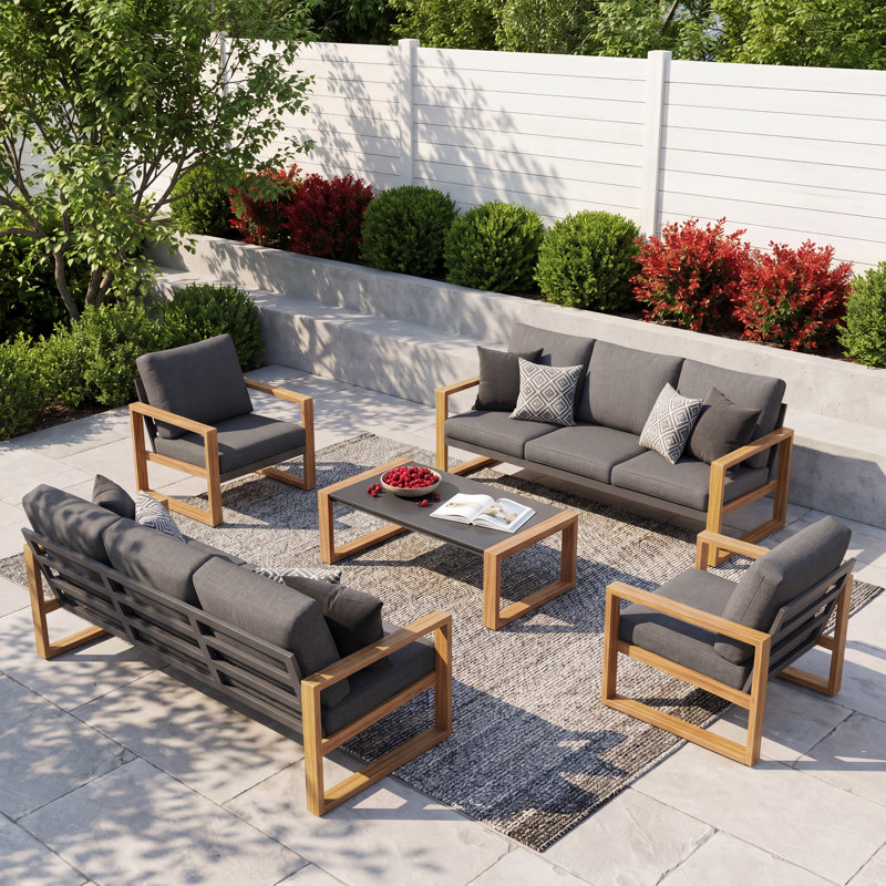 Ensemble de conversation d'extérieur en aluminium pour 8 personnes Arunas avec finition grain de bois et coussin résistant aux intempéries