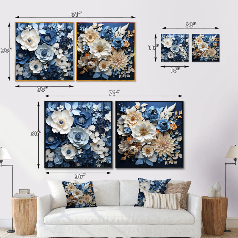 Ensemble de 2 collages de fleurs bleues et blanches saisonniers, Cadre flottant doré, H 36 po x l 73 po