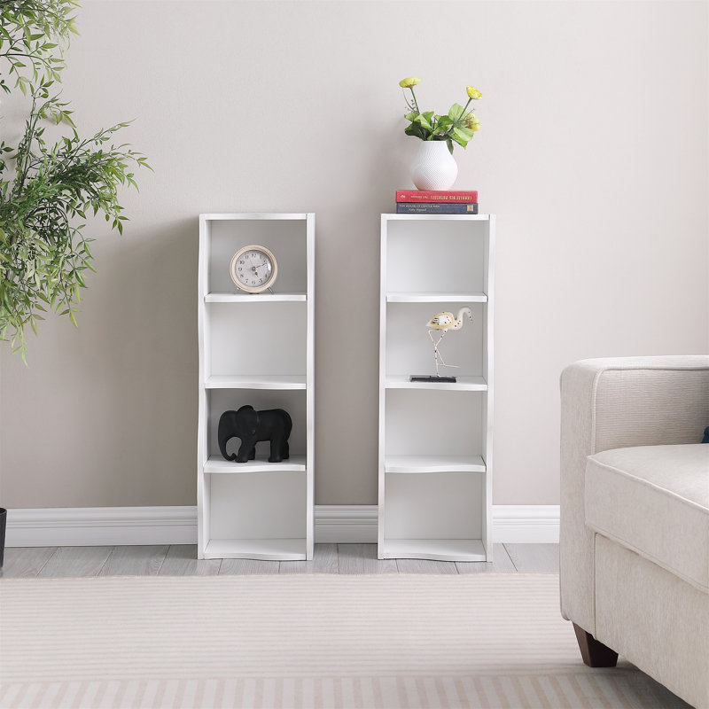 Bibliothèque ultra-mince à 8 tablettes réglables avec bordure ondulée, Blanc
