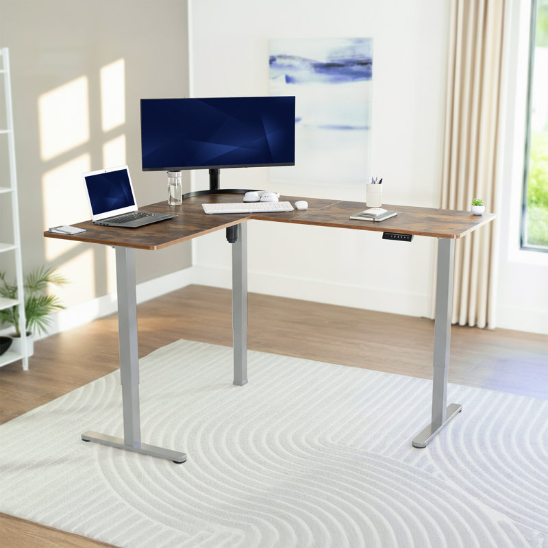 Bureau d'angle électrique VIVO, poste de travail en L, L 63 po x P 55,2 po, Brun / gris rétro