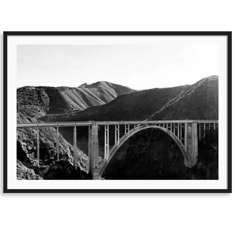 Bixby Bridge Black And White Print by Carly Tabak, Black Wood, 36" W x 26" H