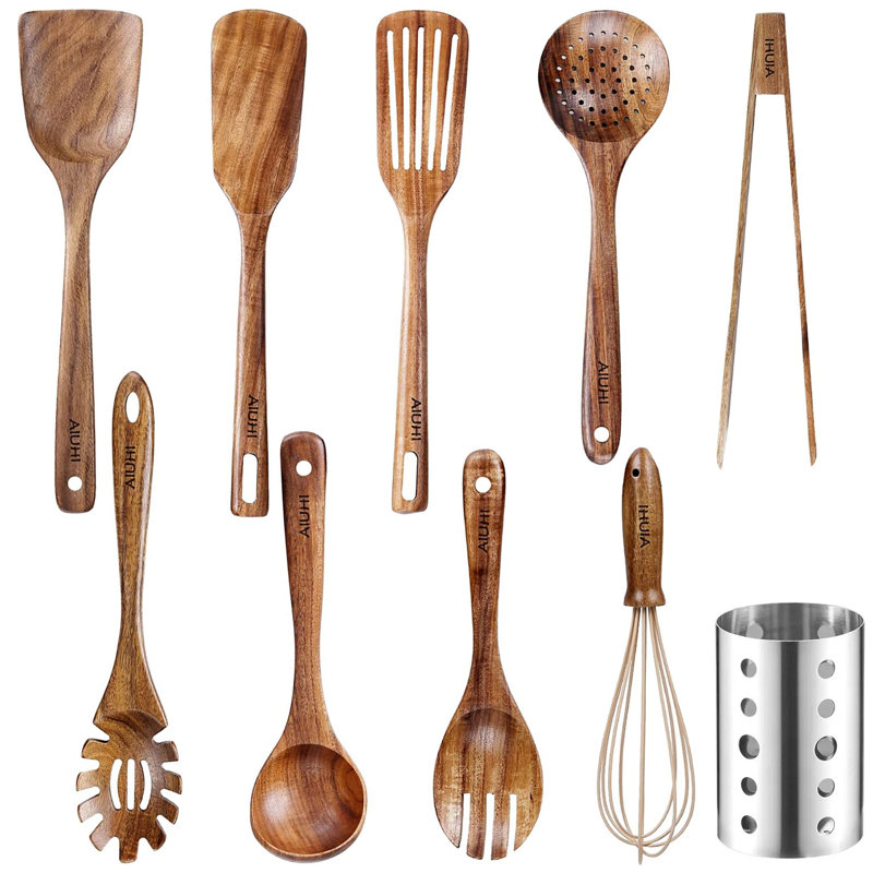 Ensemble de 10 ustensiles de cuisine, ensemble d'ustensiles de cuisine en bois, résistant à la chaleur antiadhésif, respectueux de l'environnement