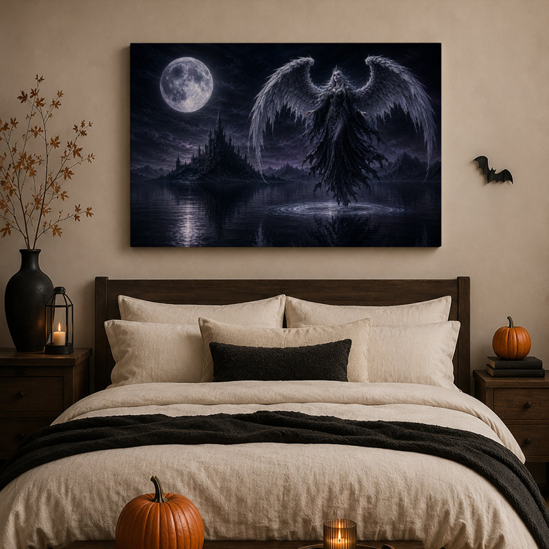 Femme ailée au-dessus d'un château sombre sous la pleine lune - Toile murale d'Halloween, 12"H x 18"W
