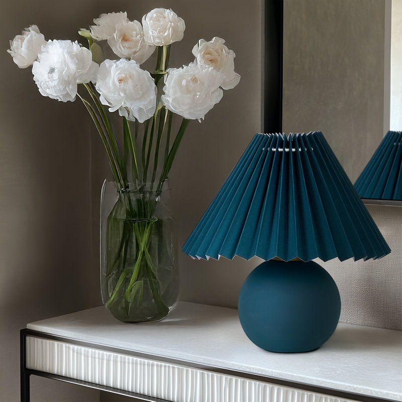 Serena 10" Retro Inspired Ceramic LED Table Lamp with Teal Fabric Pleated Shade, Green