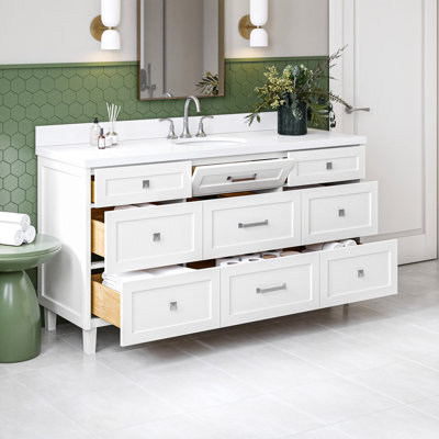 Meuble-lavabo ovale simple 67 po avec comptoir en quartz blanc pur Ariel Monrow