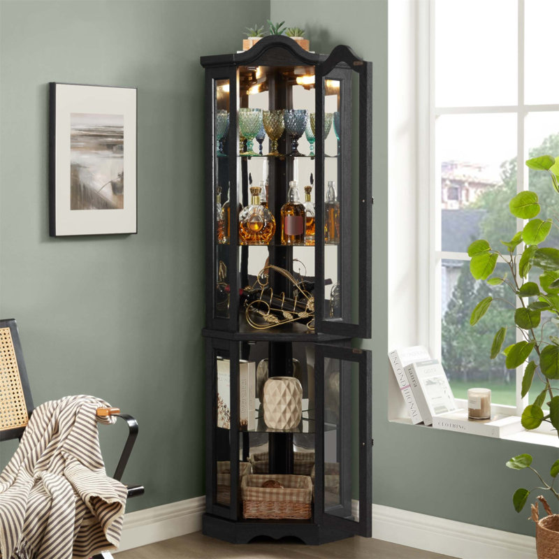 Vitrine de coin lumineuse avec portes et tablettes en verre trempé - Rangement élégant pour le salon et la chambre à coucher