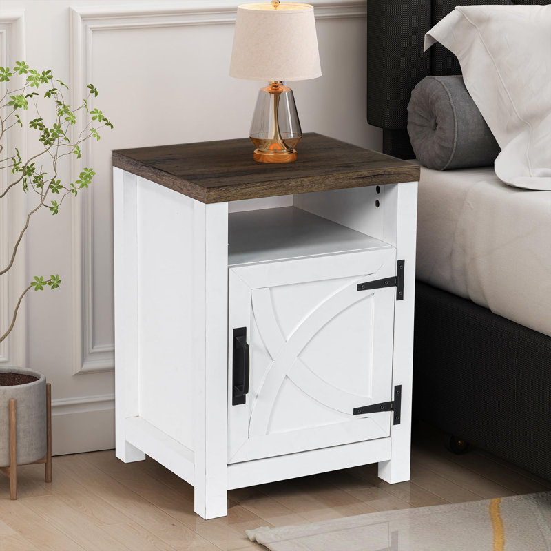 40cm W Solid Wood Bedside Table, White/Grey