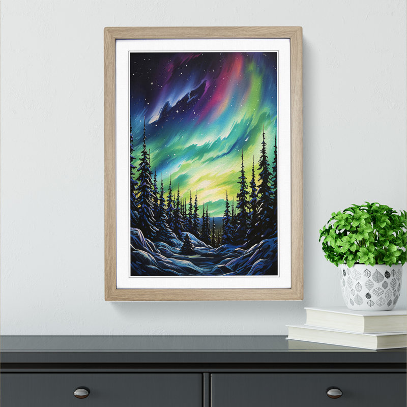 Northern Lights Informel - Single Picture Frame Print on Wood, 34cm H x 25cm W x 2cm D, Oak Framed