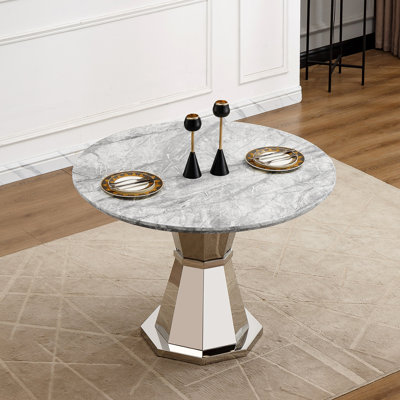 Table de salle à manger ronde en marbre de 47 po, table de cuisine moderne avec plateau en faux marbre ultrabrillant et base en acier inoxydable pour la salle à manger, cuisine (argent, gris)