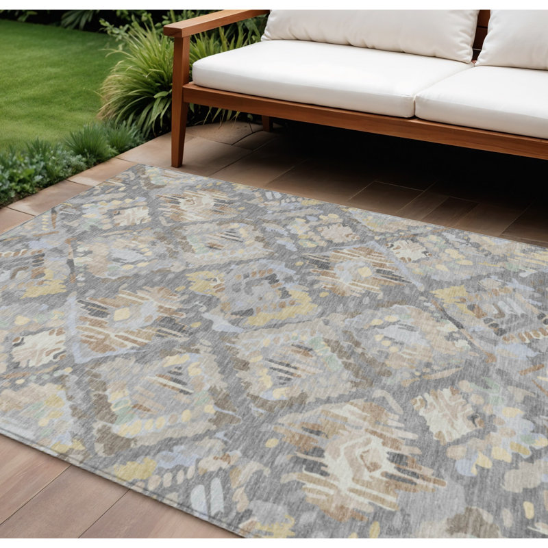 Tapis extérieur lavable à motif géométrique gris et brun 5 pi x 8 pi, Rectangle 5 pi x 8 pi