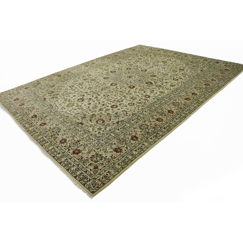 Tapis beige en laine noué à la main de conception unique 9 pi 7 po x 13 pi 5 po années 1980