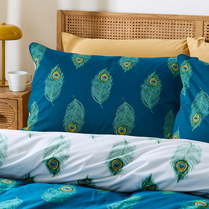 Peacock Feather Cotton Animal Print Duvet Cover Set with Pillowcases Included, King Duvet Cover + 2 Standard Pillowcases
