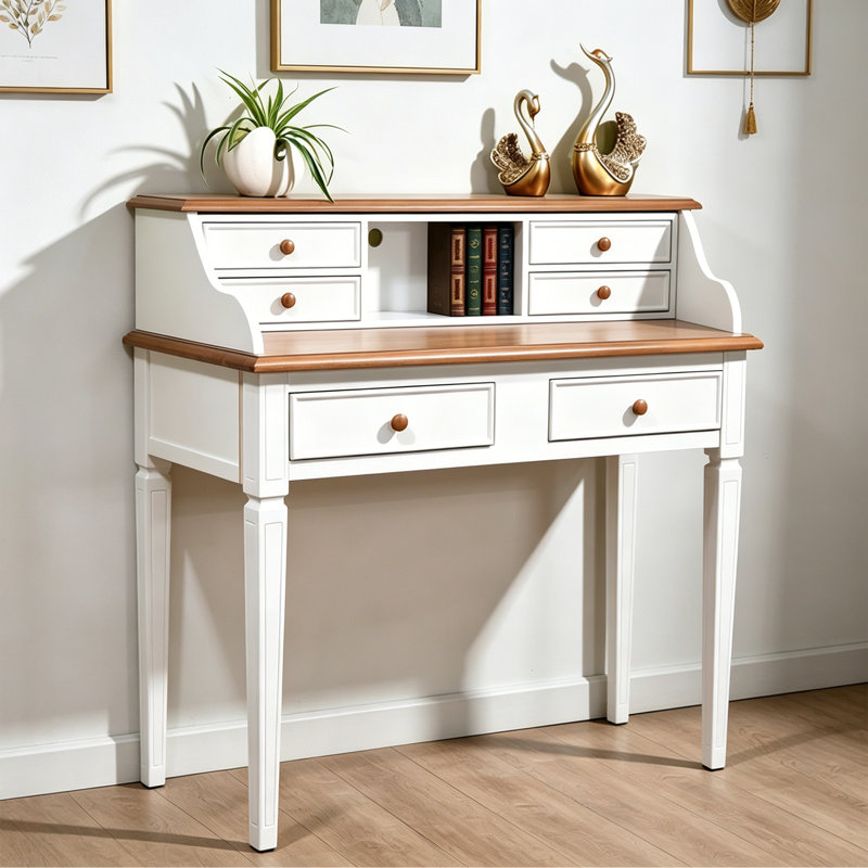 Modern Simple Rectangular Solid Wood Writing Desk, Brown/White
