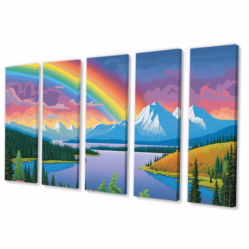 «Consciousness Of The Mountains Rainbow VII» - Décoration murale paysage de montagne - 5 panneaux égaux