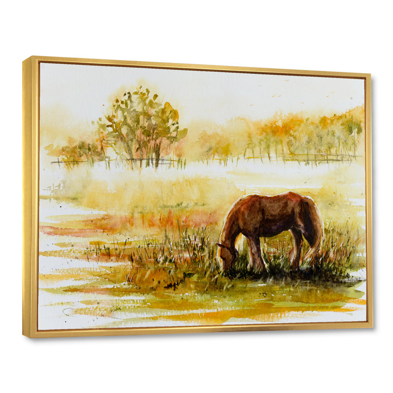Cheval broutant sur un pré - Peinture sur toile, H 16 po x l 32 po x p 1 po, Toile encadrée d'or
