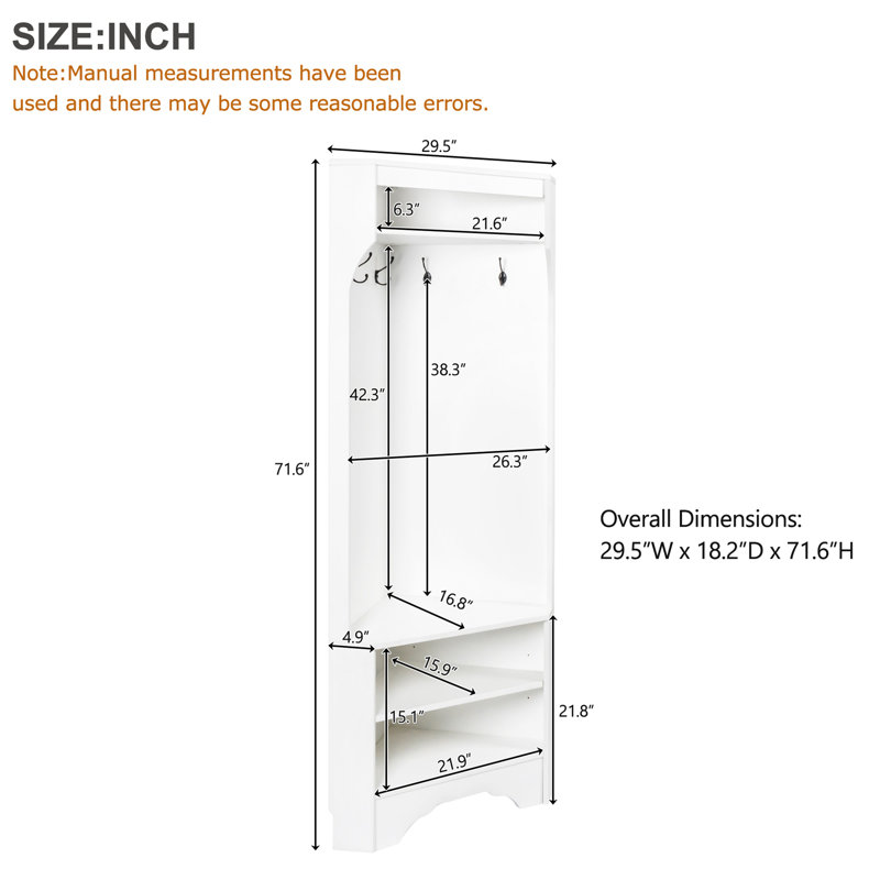 Minimalist Corner Hall Tree with Shoe Bench, Versatile Entryway Coat Rack with 4 Hooks, Corner Cabinet with Adjustable Shelf