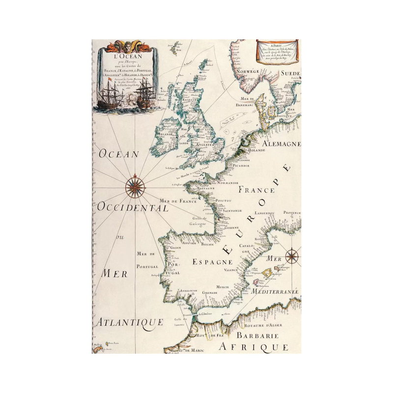 Antique West Europe Map - Wrapped Canvas Painting, 30.48 cm H x 45.72 cm W