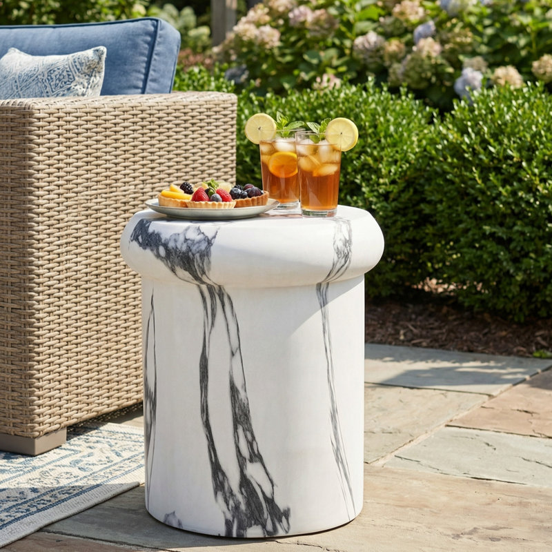 Eos 18.11"H Sculptural MGO Side Table with Faux Marble & Travertine Finish, Faux Marble
