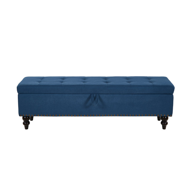 Banc de lit 59 po en lin et coton bleu avec compartiment de rangement et rembourrage en mousse