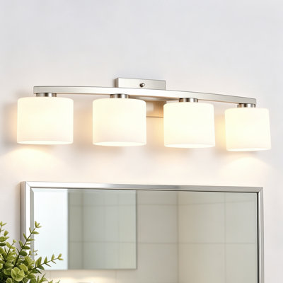 30 In. 4-light Brushed Nickel Modern Unique Bathroom Vanity Light With Oval-shaped Etched White Glass Shades