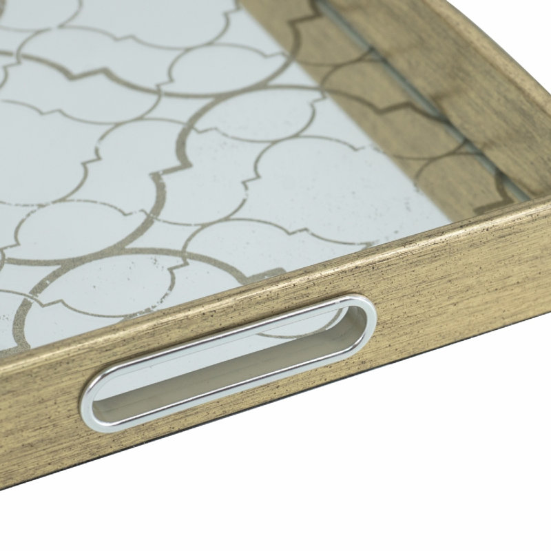 Silver Rectangle Plastic Mirror Trays with Geometric Motif -  L:17.5x12x2" S:15.5x10x2"