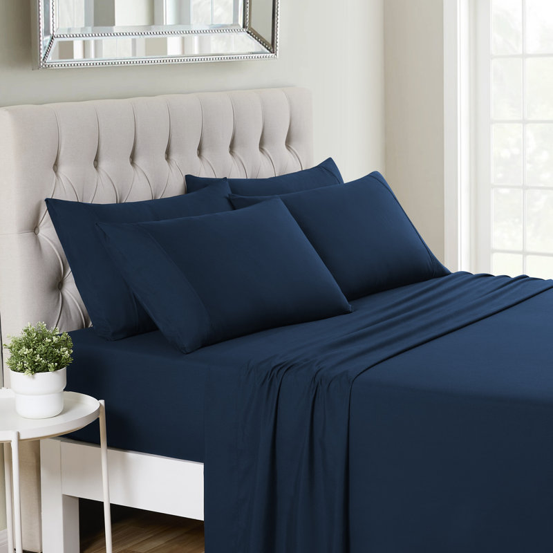 Luxurious Soft Microfiber Sheet Set with Bonus Pillowcases, Navy, RV Short Queen Sheet Set with 4 Pillowcases