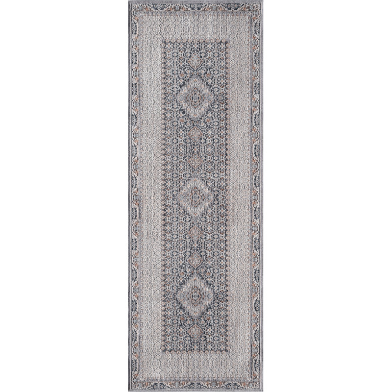 Gracee Sirius - Tapis médaillon bleu classique avec bordure florale complexe, Tapis de couloir 2 pi 7 po x 7 pi 2 po