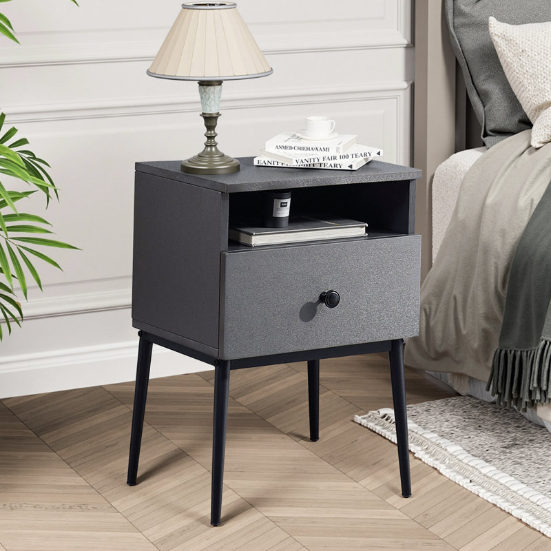 Table de chevet grise avec tiroir et tablette ouverte, petite table de chevet / table d'appoint étroite pour chambre à coucher, salon, dortoir, appartement, entrée, bureau, table de bout moderne avec rangement pour petits espaces