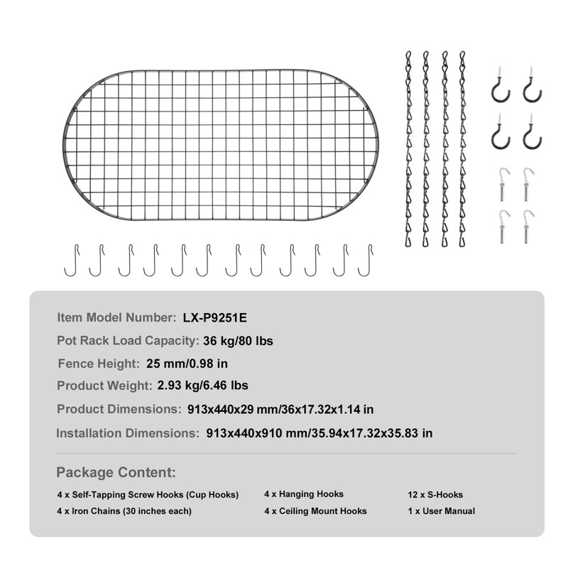 Support suspendu pour casseroles, 81 cm (32 pouces), fixation au plafond, avec 12 crochets en S, capacité de charge de 36 kg (80 lb), idéal pour la cuisine, les restaurants et autres établissements de restauration.