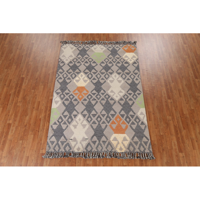 Tapis gris / beige / vert / orange en laine noué à la main de conception unique 5 pi 8 po x 7 pi 11 po