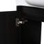 Meuble-lavabo mural blanc en céramique 28 po avec aspect chêne foncé, mécanisme de fermeture en douceur, 45 poignées cachées, armoire à une porte, deux tablettes ouvertes, finition à l'eau, fonction, design,