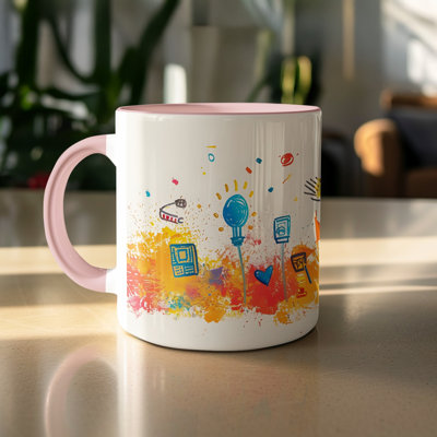 Kids Drawing Style 11oz Accent Mugs – Ceramic Coffee Cup with a Pink Handle and Interior