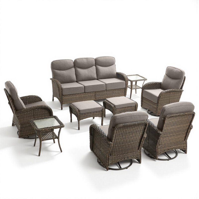 9 PCS Patio Furniture Set Outdoor Sectional Sofa Couch With Rocking Swivel Chairs 6" Deep Seat Chairs, Modern Wicker Rattan Conversation Set