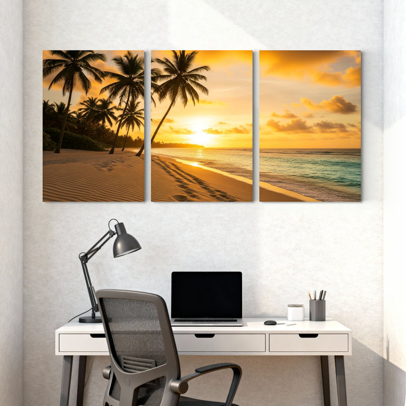 Palmiers, coucher de soleil tropical, plage, palmiers, océan, ciel, ensemble de 3 impressions sur toile, H 18 po x l 36 po