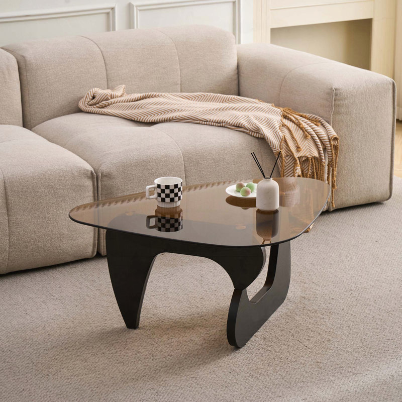 Table basse Mid-Century moderne en verre avec base en chêne massif - Noir, H 15,74 po x L 25,59 po x l 35,82 po, Brun, Noir