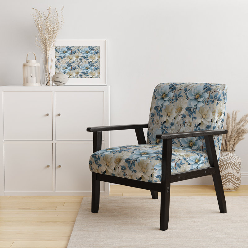 Fauteuil d'appoint rembourré blanc et bleu à motif floral I
