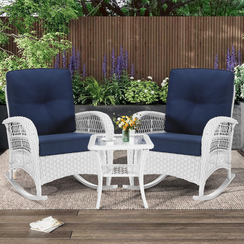 Bay Isle Home™ 3 Pieces Patio Conversation Set, Rattan Outdoor Rocking Patio Bistro Set With 2 Rockers And 1 Side Table With 4" Thick Cushions, Outdoor Furniture Set For Porch Backyard, White Wicker