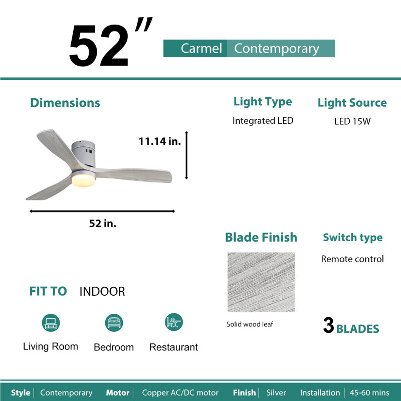 52'' Ceiling Fan with Light Kit, Gray, Gray